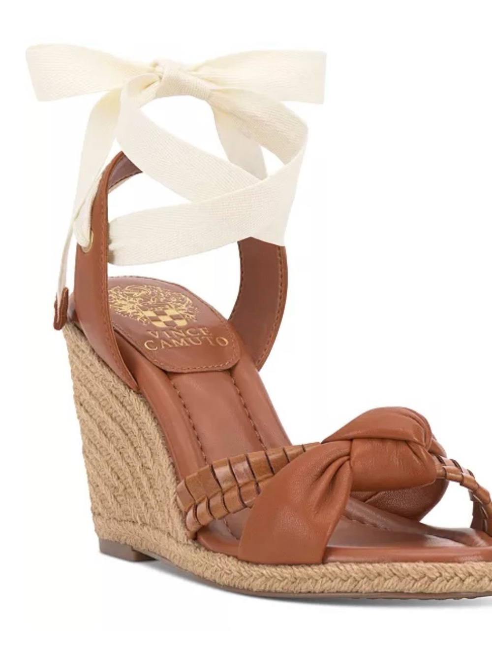 Vince Camuto Tan Leather Espadrille Wedge Sandal with Cream Ankle Ribbon